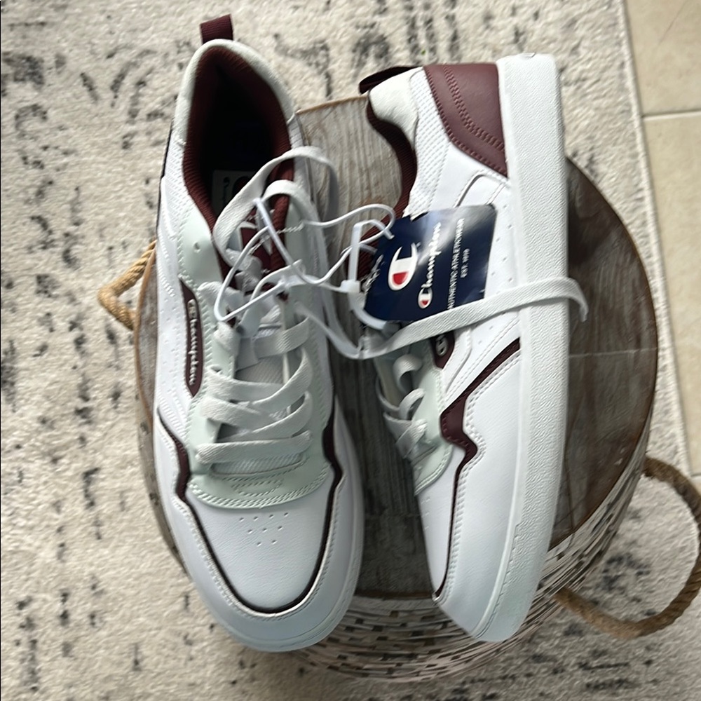 Champion White and Burgundy Low-Top Sneakers with Logo Tag